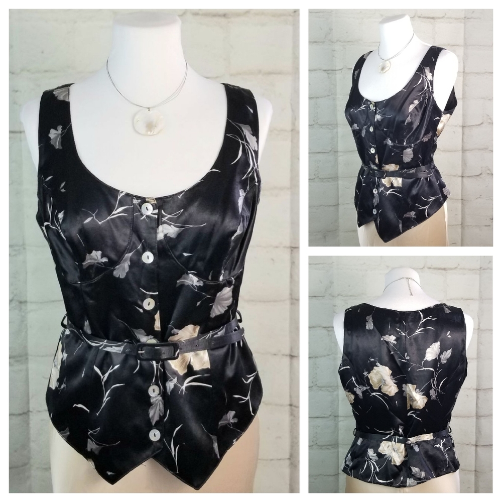 Vtg Dalmys 9 Black Floral Satin Belted Vest Top
